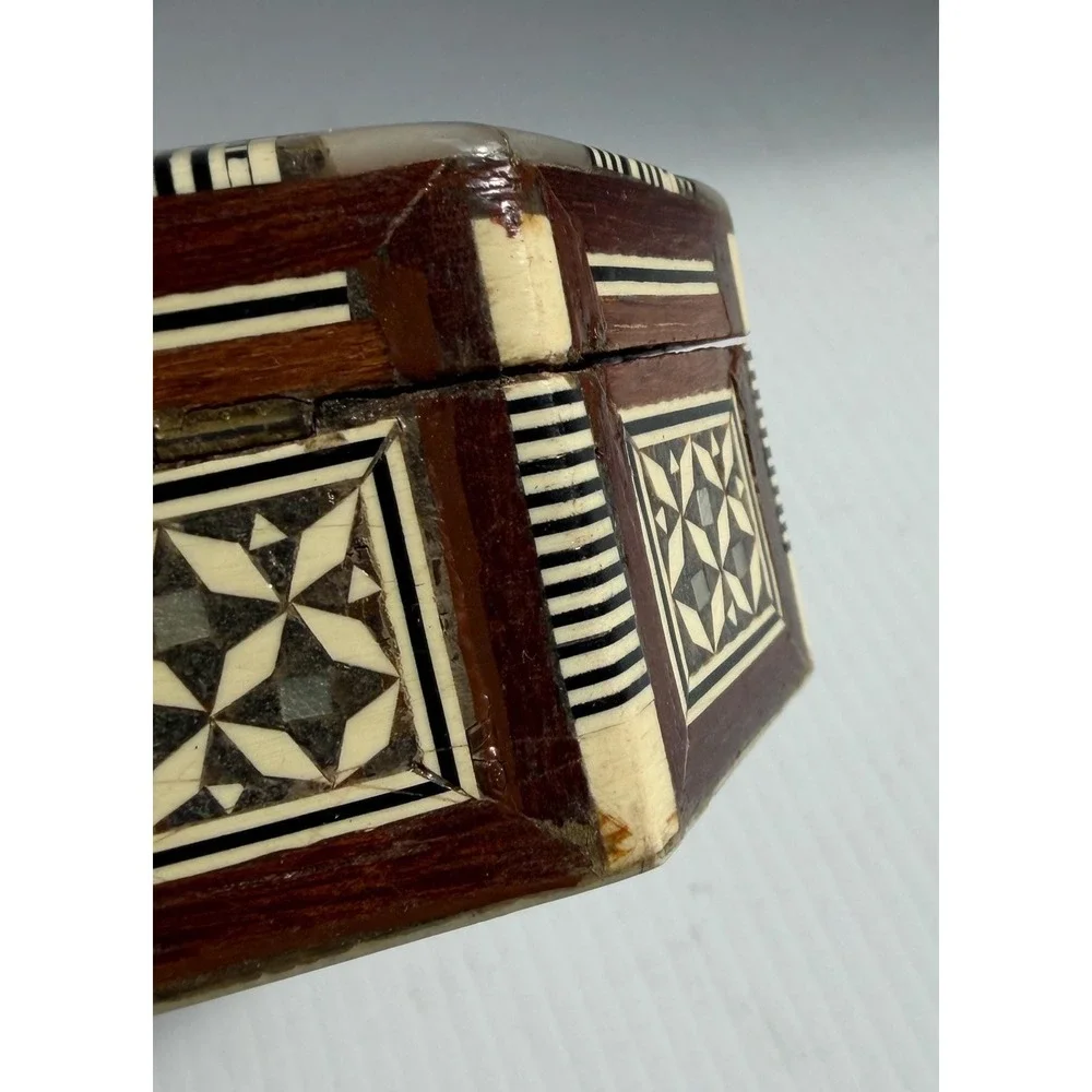 Vintage Egyptian Handmade Wood Jewelry Box Hexagon Mother of Pearl Inlay Mosaic